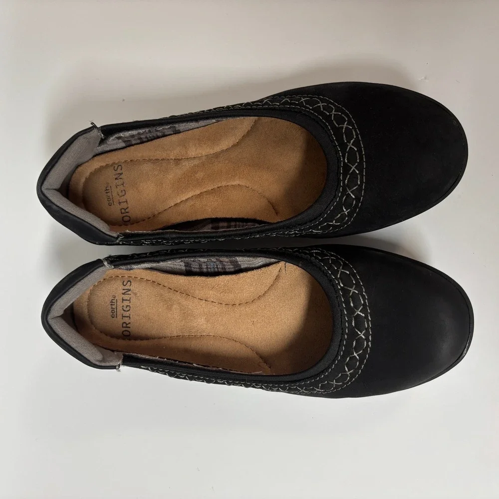Earth Origins Black Nubuck Leather Ballet Flats Whipstitch Trim Women Size 6.5